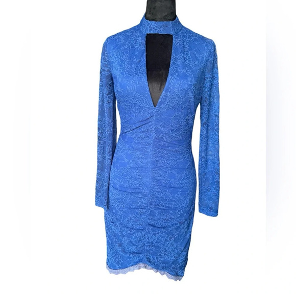 BEBE Clair Royal Blue Lace Long Sleeve Open Back Dress - Size Small - Picture 3 of 7
